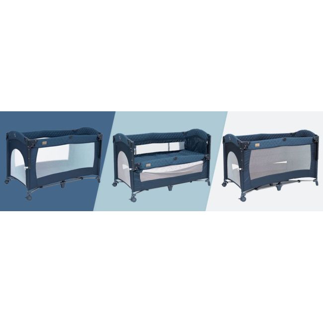 Graues Laufstall-Reise-Beistellbett und klassisches Kinderbett 3 in 1