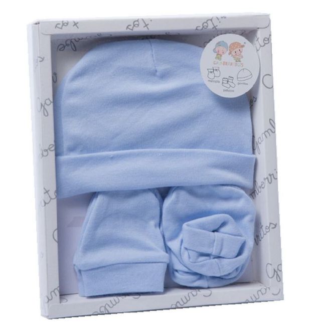 Set aus Fäustlingen, Söckchen und Mütze in Blau.