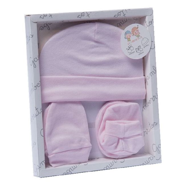 Set aus Handschuhen, Socken und Mütze in Rosa.