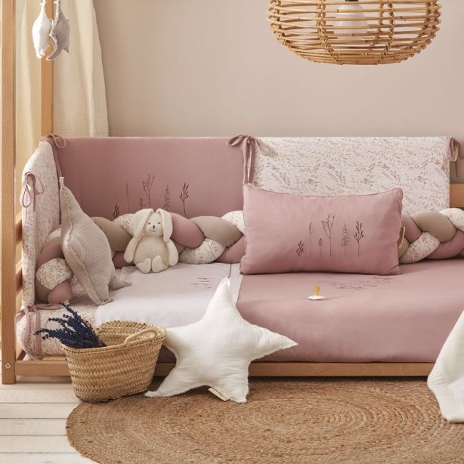 Ensemble de housse de couette + protection tressée + taie d'oreiller imprimée Nice Blanc/Lilas